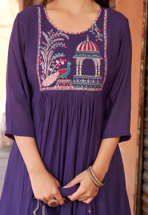 Women Ethnic Motifs Embroidered Empire Thread Work Chanderi Cotton Kurta with Trousers & With Dupatta-IV-1009