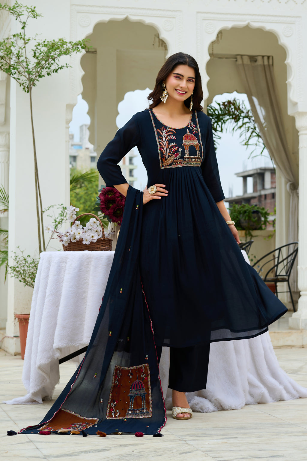 Women Ethnic Motifs Embroidered Empire Thread Work Chanderi Cotton Kurta with Trousers & With Dupatta-IV-1126
