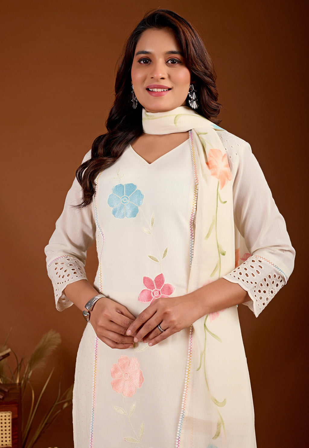 Women Floral Embroidered Regular Pure Cotton Kurta with Trousers & With Dupatta-KS-351