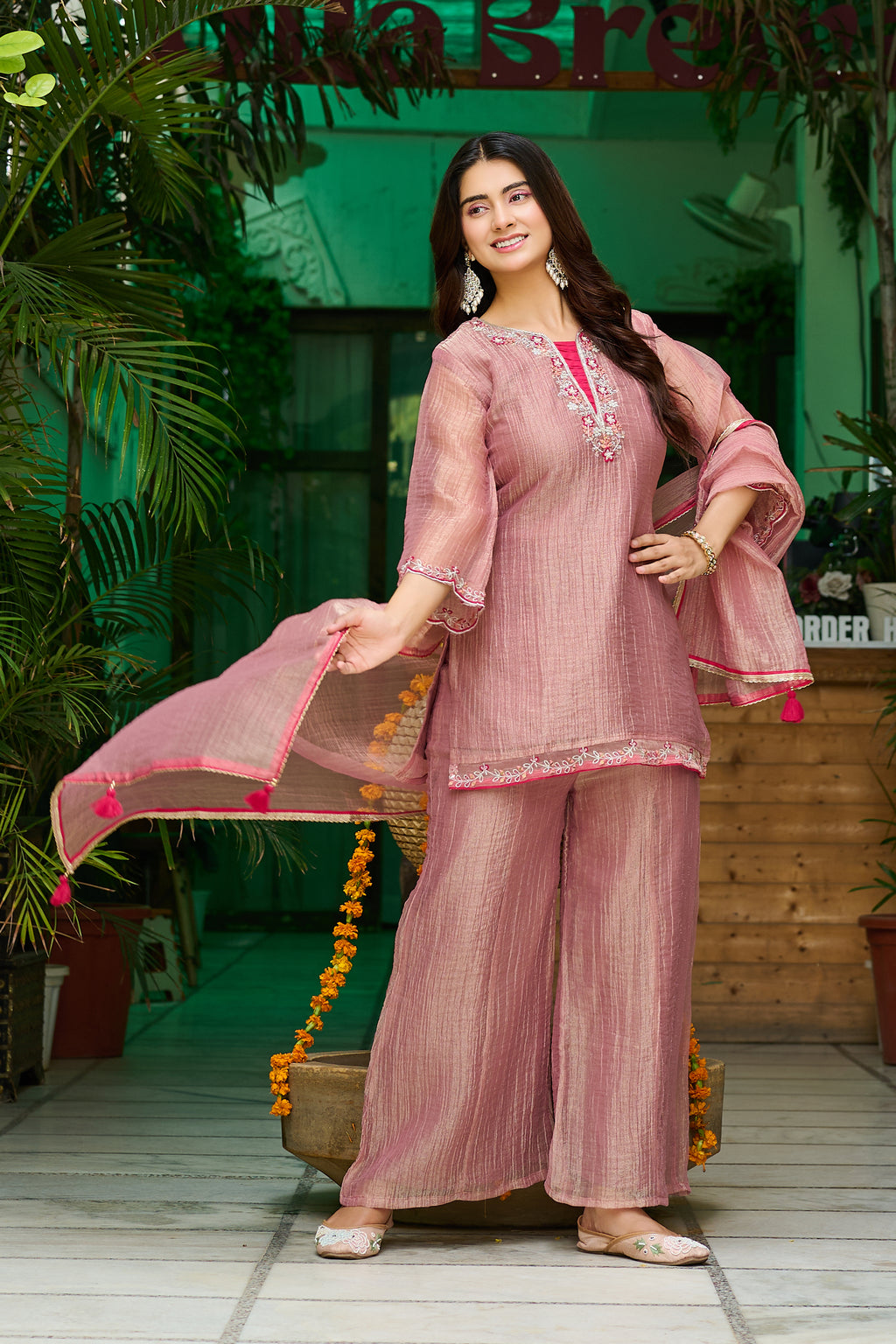 Blush Glow Salsa Crush Kurta Palazzo Set with Dupatta-IV-1122
