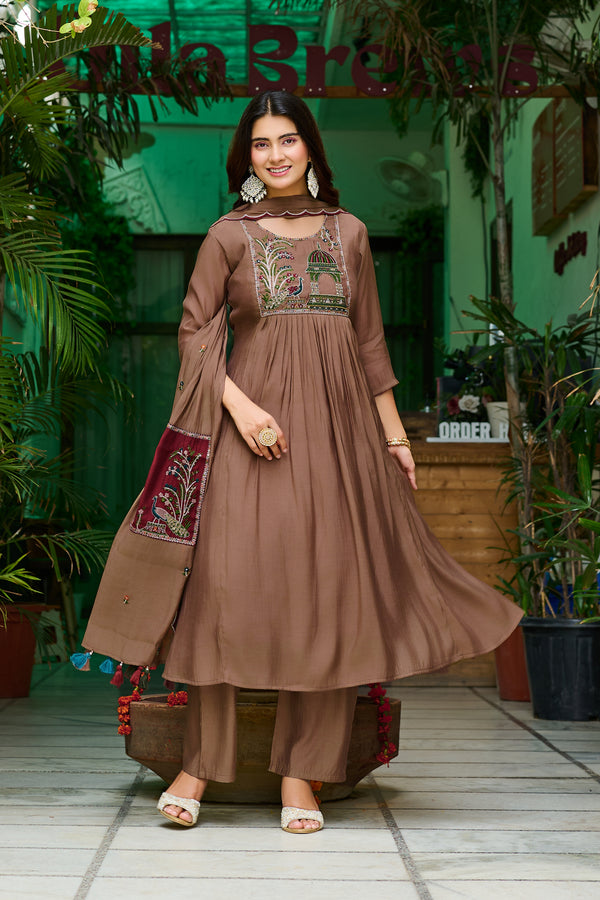 Women Ethnic Motifs Embroidered Empire Thread Work Chanderi Cotton Kurta with Trousers & With Dupatta-IV-1127