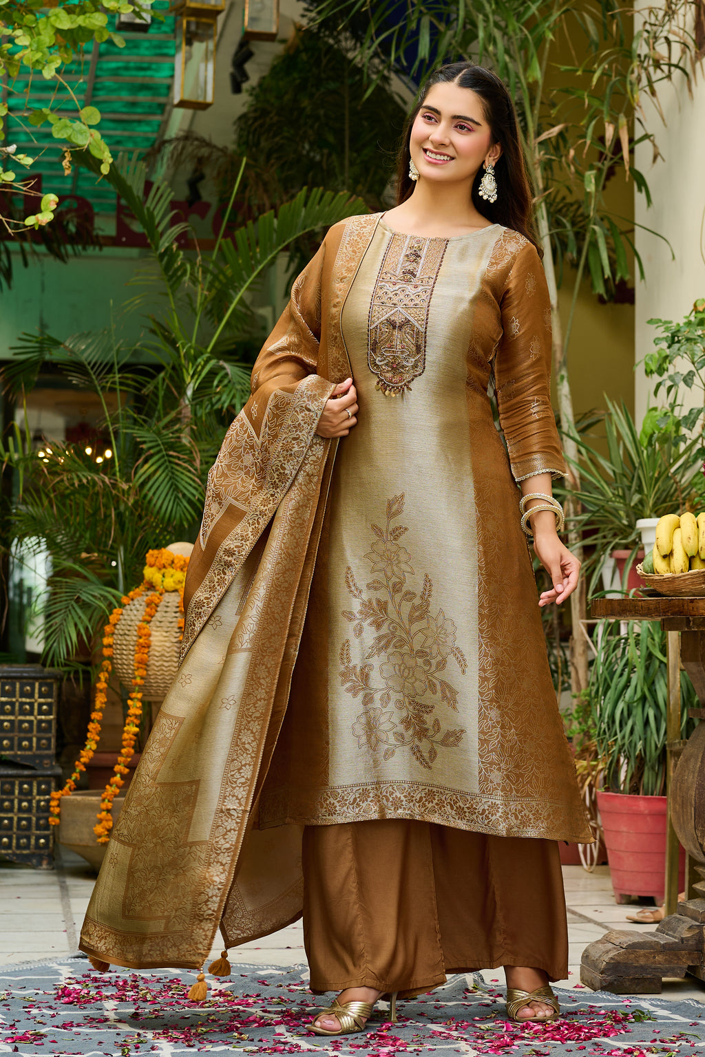 Golden Aura Embroidered Ethnic Kurta Set with Designer Dupatta-IV-1112