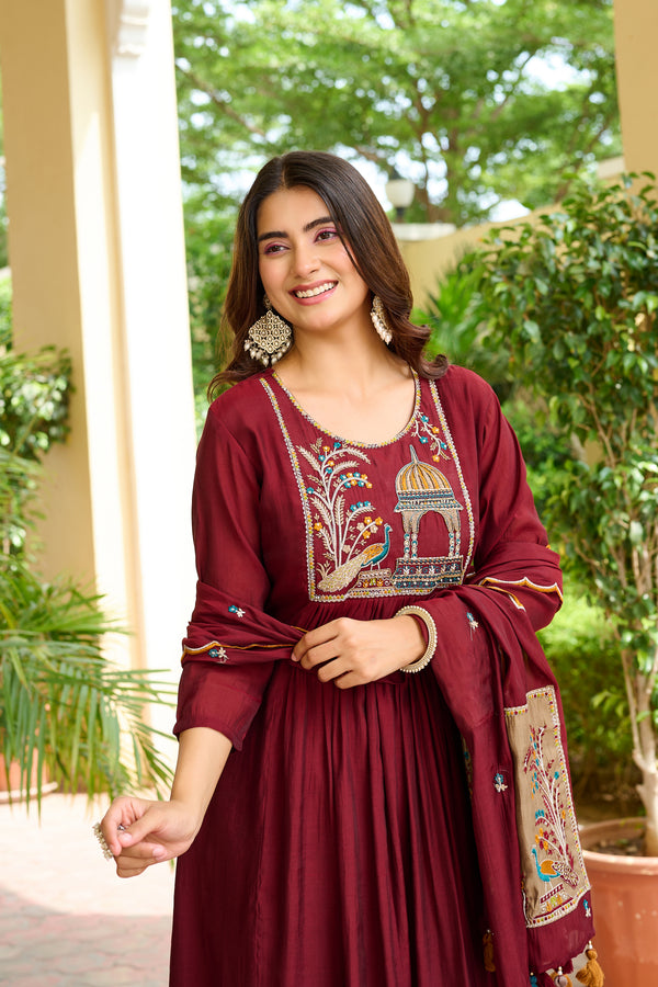 Women Ethnic Motifs Embroidered Empire Thread Work Chanderi Cotton Kurta with Trousers & With Dupatta-IV-1124