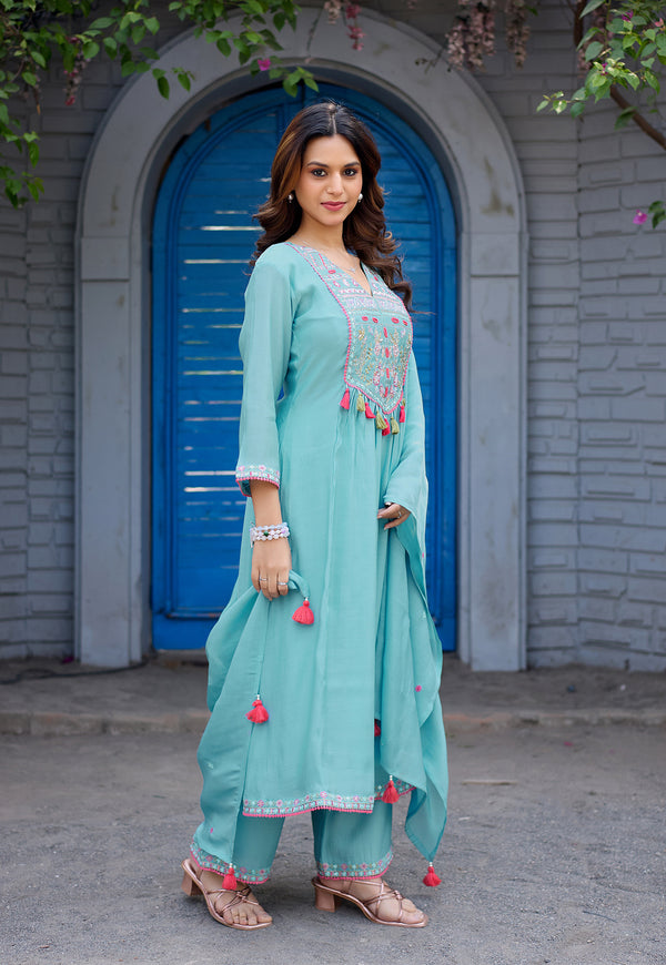 Women Ethnic Motifs Thread Work Chanderi Cotton Kurta with Palazzos & Dupatta-IV-1036