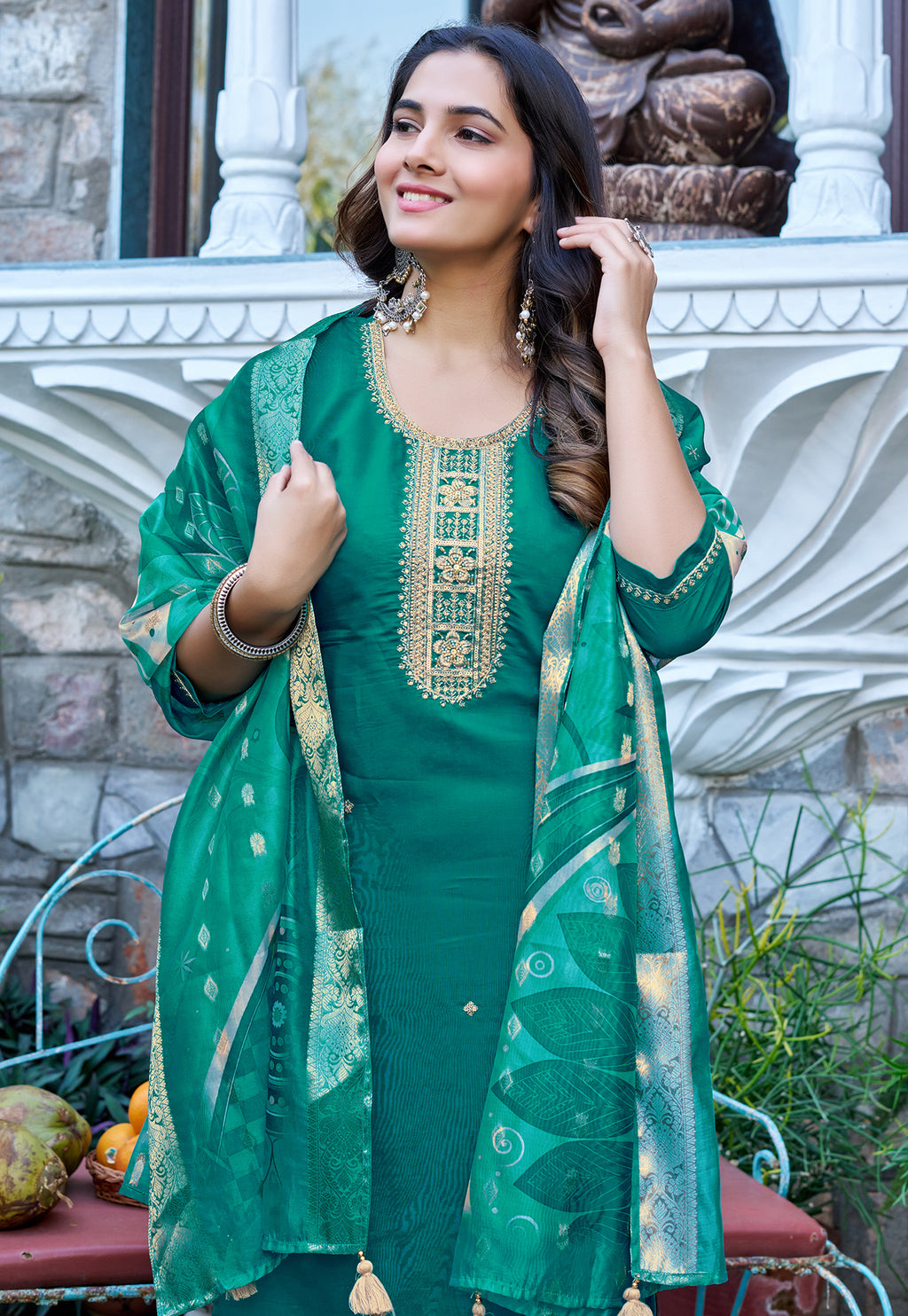 Women Ethnic Motifs Embroidered Regular Thread Work Kurta with Trousers & With Dupatta-KS-215