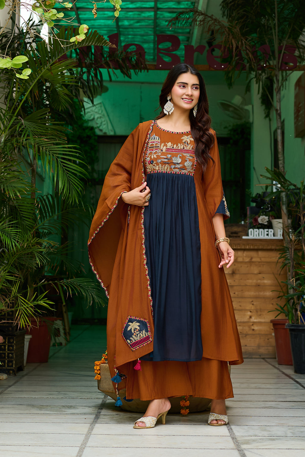 Women Ethnic Motifs Embroidered Empire Thread Work Chanderi Cotton Kurta with Trousers & With Dupatta-IV-1106