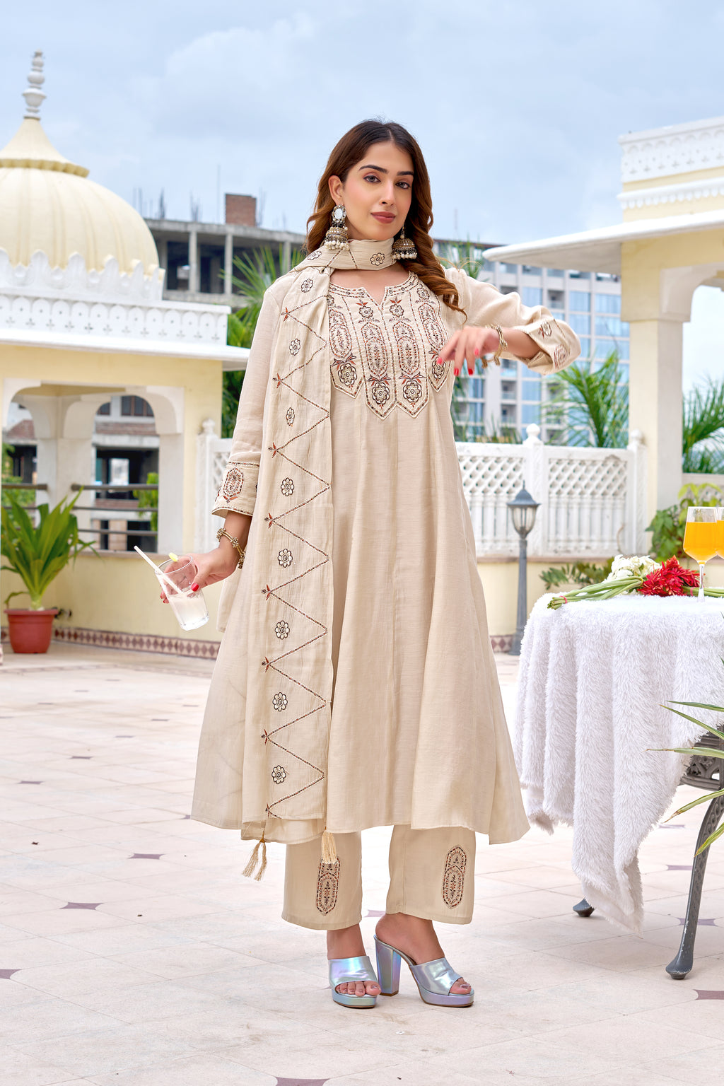 Women Floral Embroidered Empire Thread Work Chanderi Cotton Kurta with Trousers & With Dupatta-KS-361