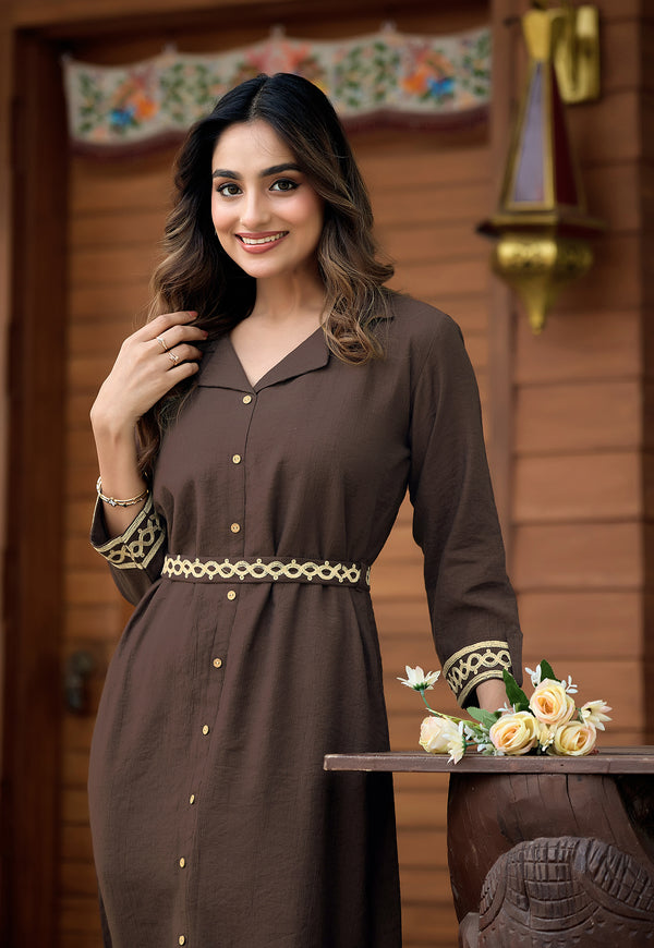 Women’s Chocolate Brown Embroidered Shirt Collar Western Dress