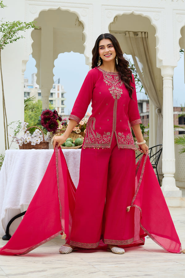 Elegant Roman Silk Palazzo Set with Mul Chanderi Dupatta-IV-1107