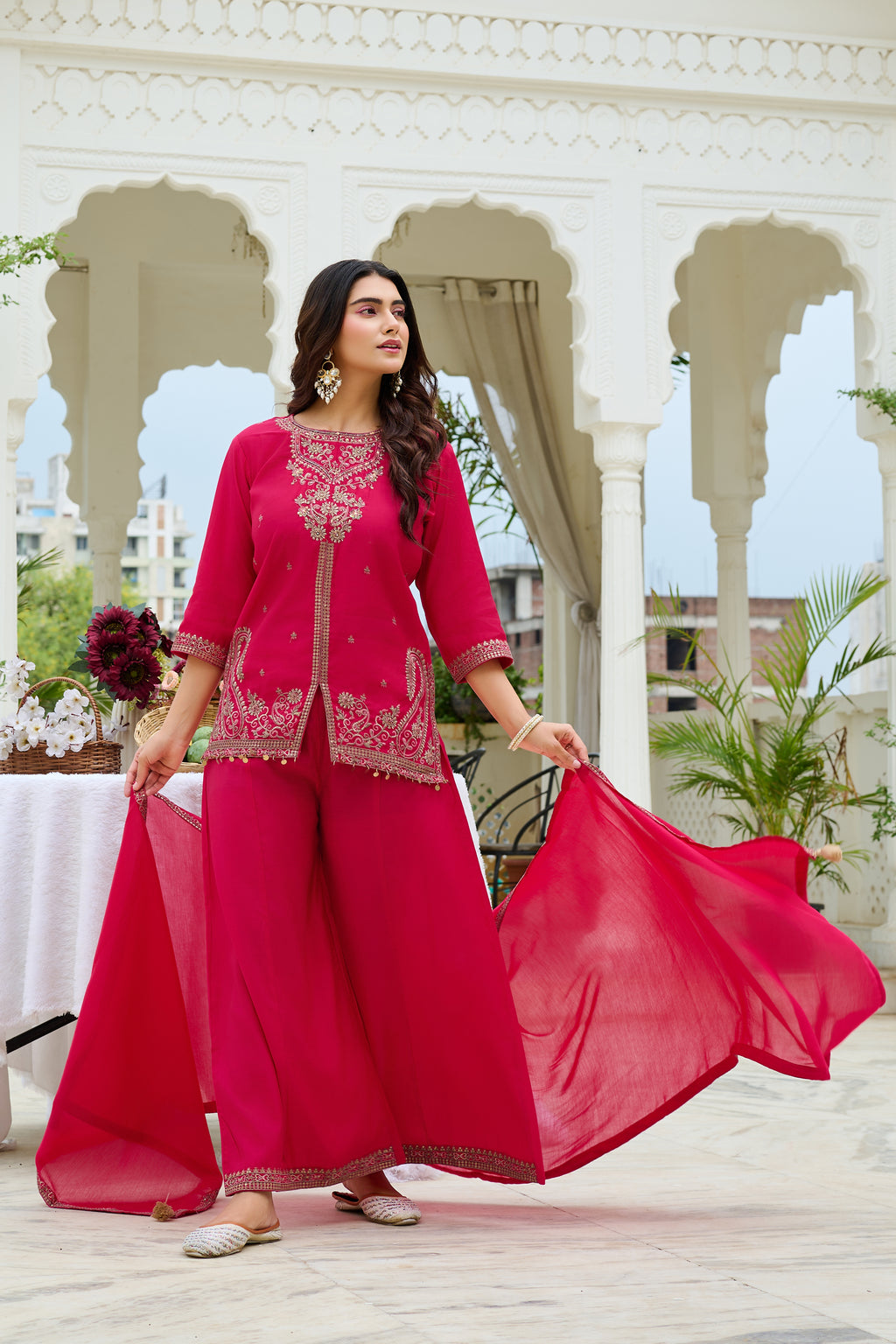 Elegant Roman Silk Palazzo Set with Mul Chanderi Dupatta-IV-1107