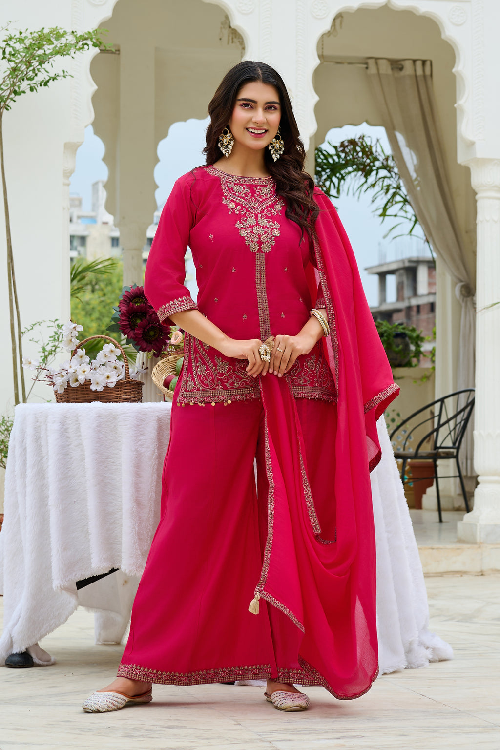 Elegant Roman Silk Palazzo Set with Mul Chanderi Dupatta-IV-1107
