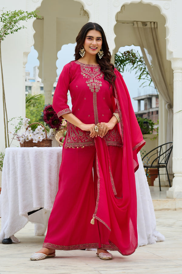 Elegant Roman Silk Palazzo Set with Mul Chanderi Dupatta-IV-1107