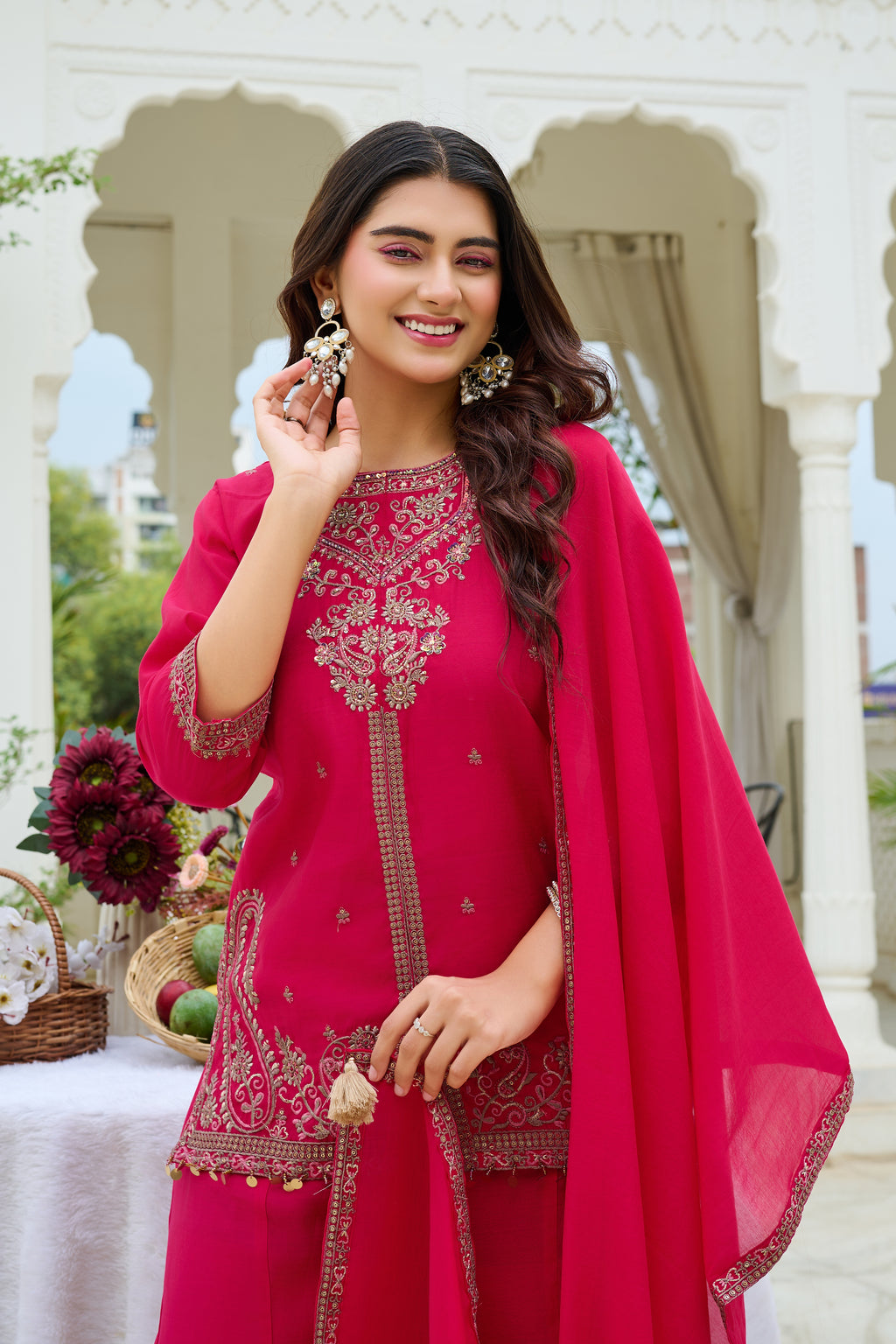 Elegant Roman Silk Palazzo Set with Mul Chanderi Dupatta-IV-1107