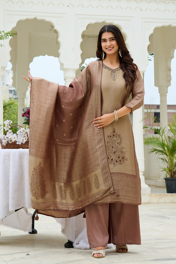 Women Grace Embroidered Silk Kurta Palazzo Set with Silk Dupatta-IV-1111