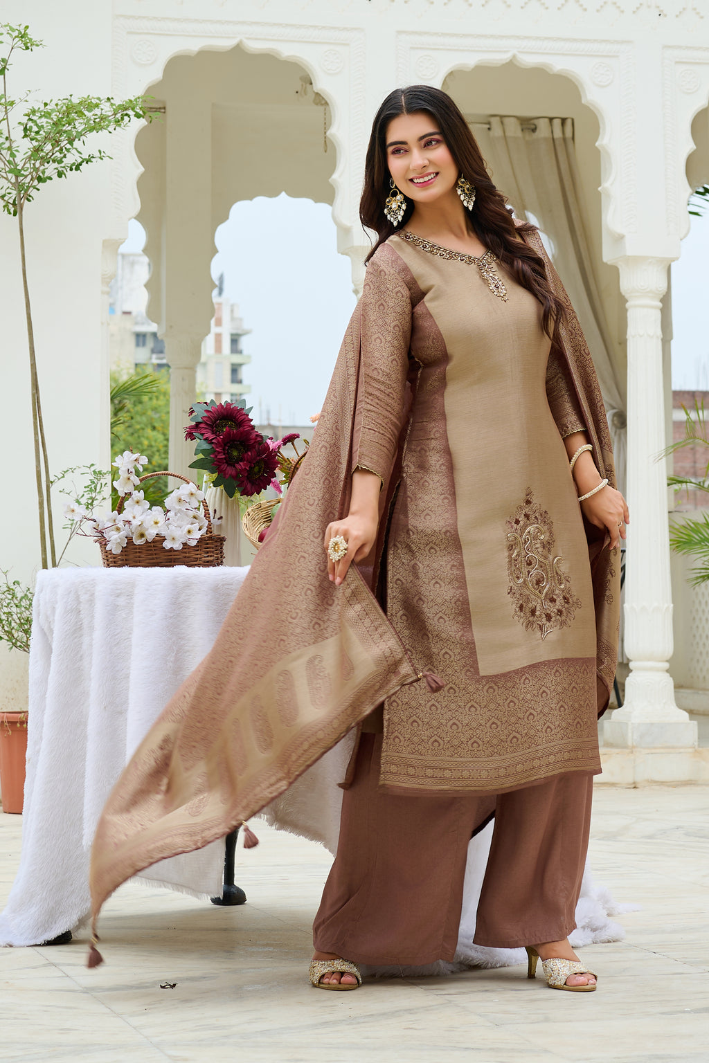Women Grace Embroidered Silk Kurta Palazzo Set with Silk Dupatta-IV-1111
