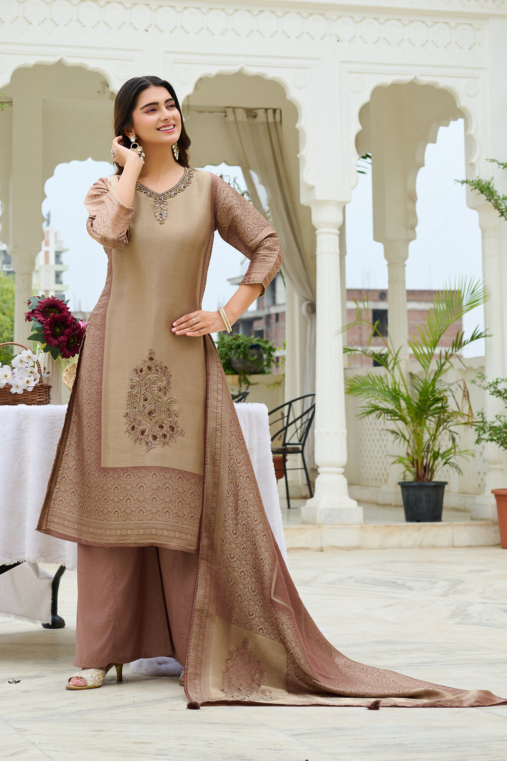 Women Grace Embroidered Silk Kurta Palazzo Set with Silk Dupatta-IV-1111