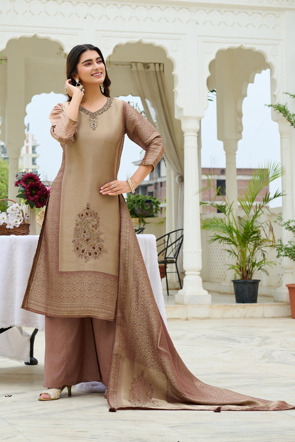 Women Grace Embroidered Silk Kurta Palazzo Set with Silk Dupatta-IV-1111