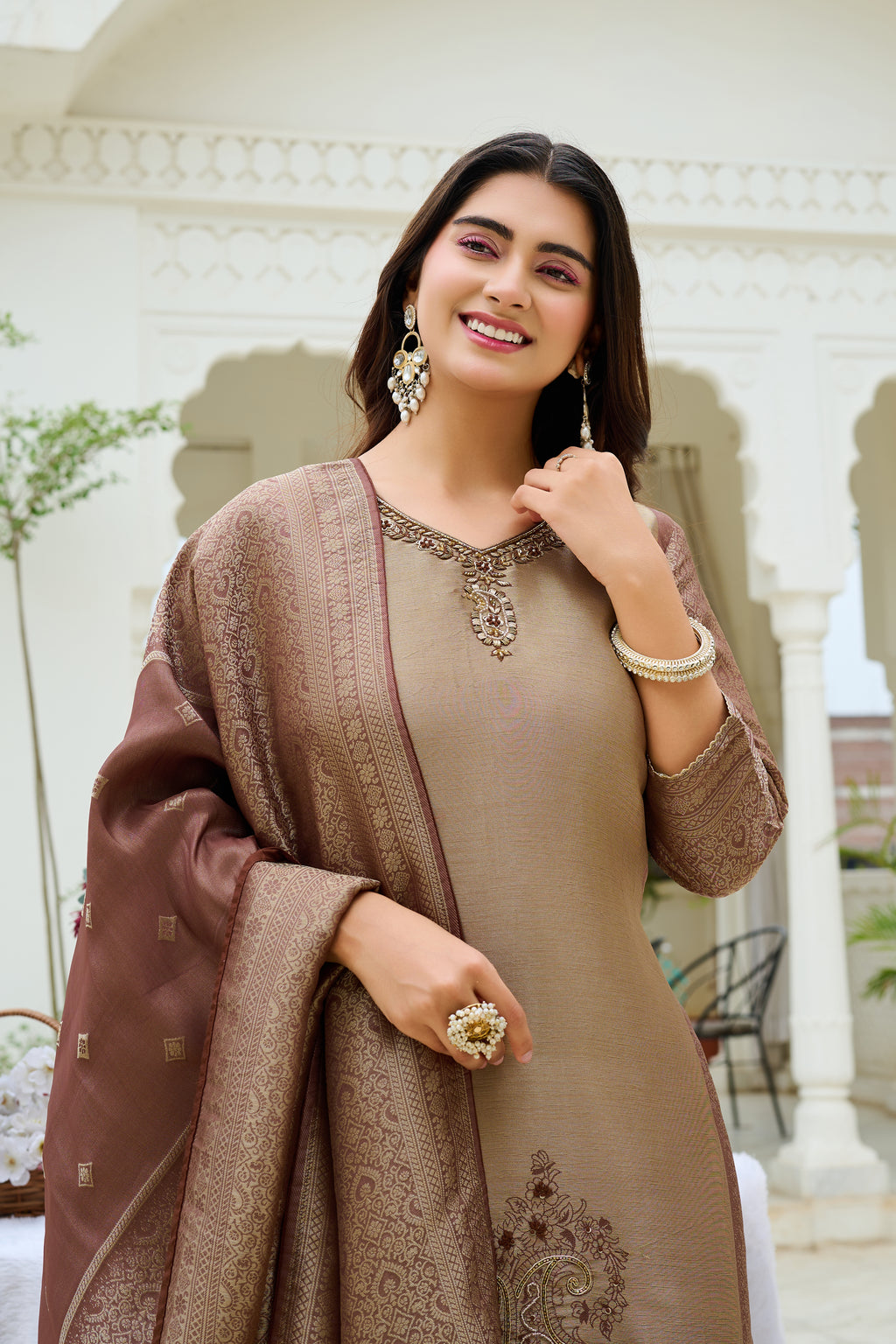 Women Grace Embroidered Silk Kurta Palazzo Set with Silk Dupatta-IV-1111