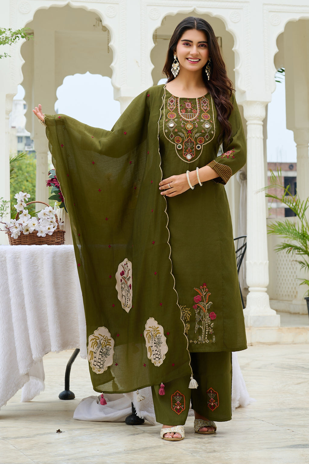 Women Ethnic Motifs Embroidered Empire Thread Work Chanderi Cotton Kurta with Trousers & With Dupatta-IV-1100