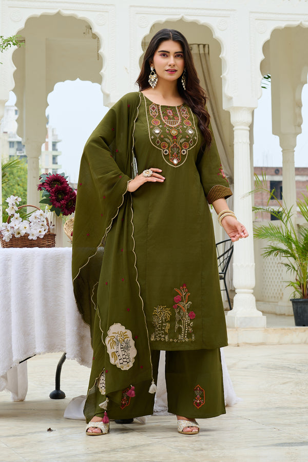 Women Ethnic Motifs Embroidered Empire Thread Work Chanderi Cotton Kurta with Trousers & With Dupatta-IV-1100