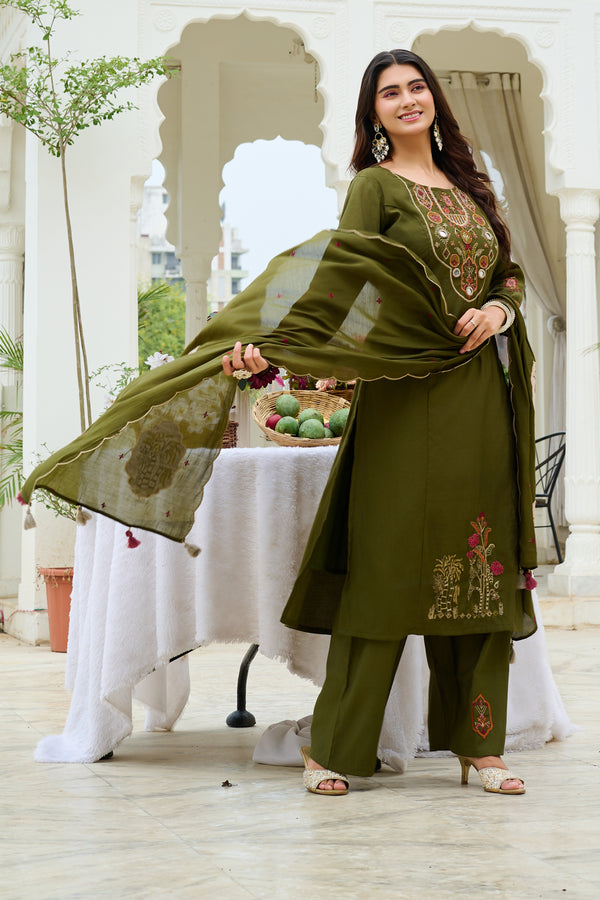 Women Ethnic Motifs Embroidered Empire Thread Work Chanderi Cotton Kurta with Trousers & With Dupatta-IV-1100