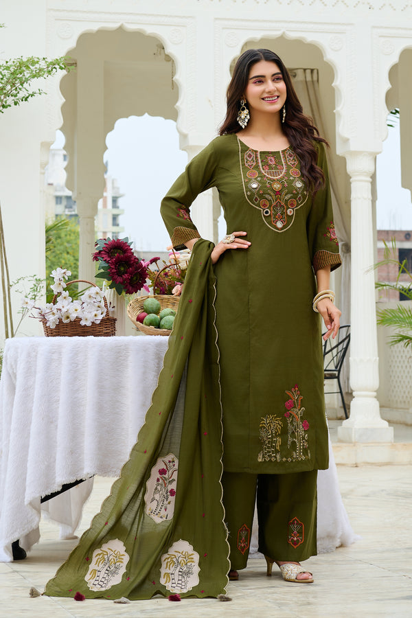 Women Ethnic Motifs Embroidered Empire Thread Work Chanderi Cotton Kurta with Trousers & With Dupatta-IV-1100