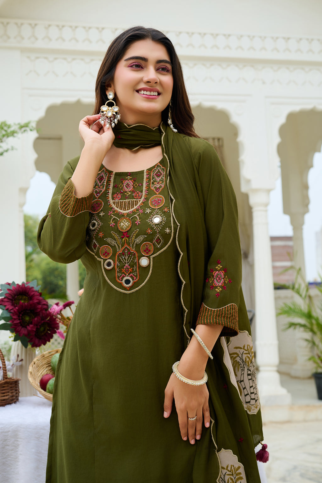 Women Ethnic Motifs Embroidered Empire Thread Work Chanderi Cotton Kurta with Trousers & With Dupatta-IV-1100