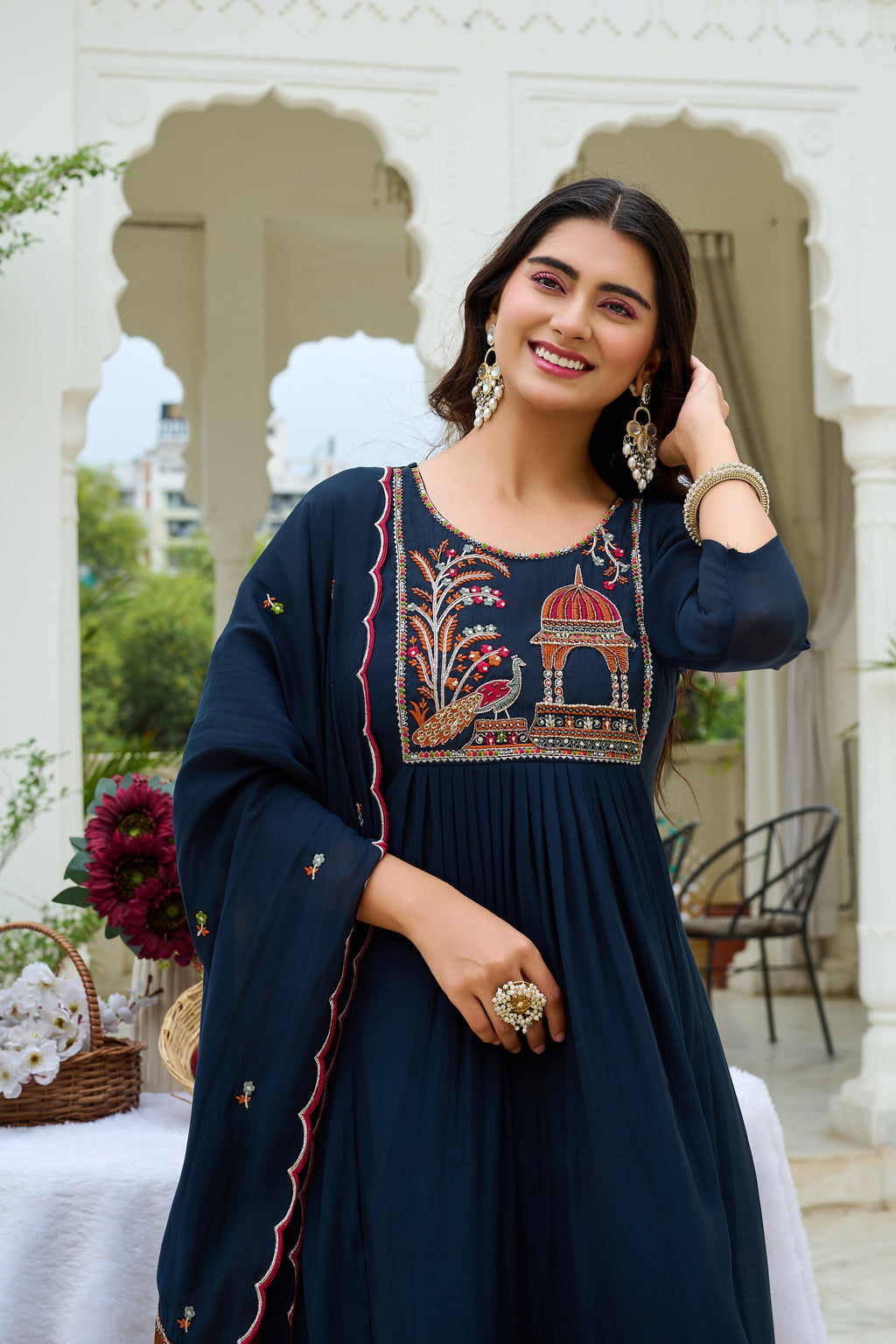 Women Ethnic Motifs Embroidered Empire Thread Work Chanderi Cotton Kurta with Trousers & With Dupatta-IV-1126
