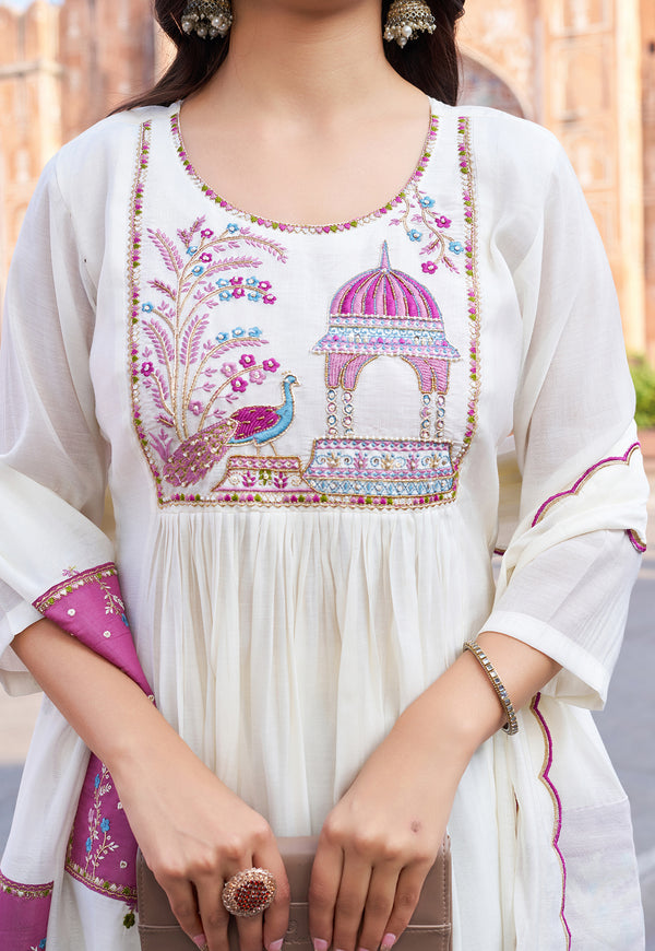Women Ethnic Motifs Embroidered Empire Thread Work Chanderi Cotton Kurta with Trousers & With Dupatta-IV-1009