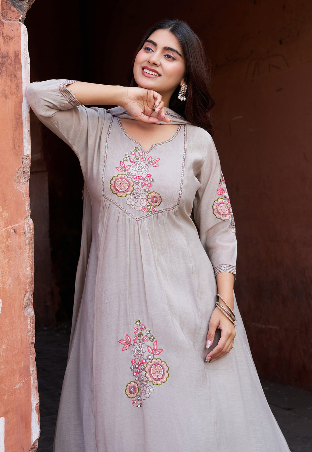 Women Ethnic Motifs Embroidered Empire Thread Work Chanderi Cotton Kurta with Palazzos & With Dupatta-IV-1012