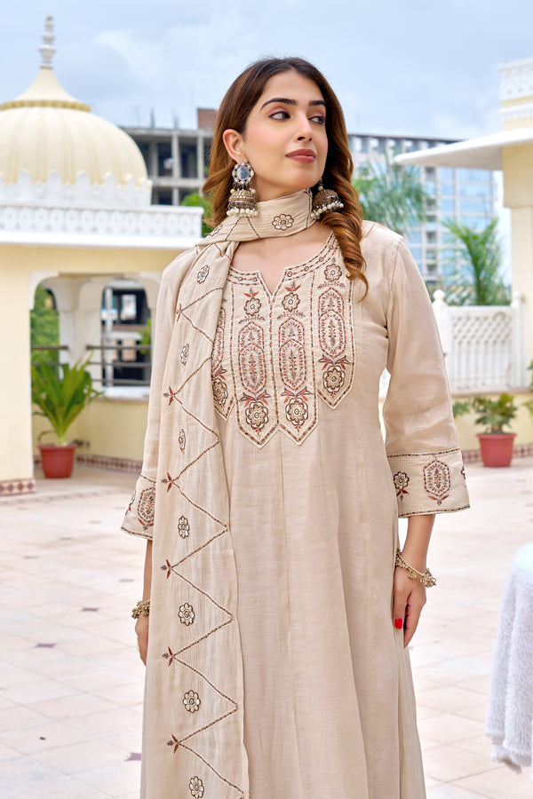 Women Floral Embroidered Empire Thread Work Chanderi Cotton Kurta with Trousers & With Dupatta-KS-361