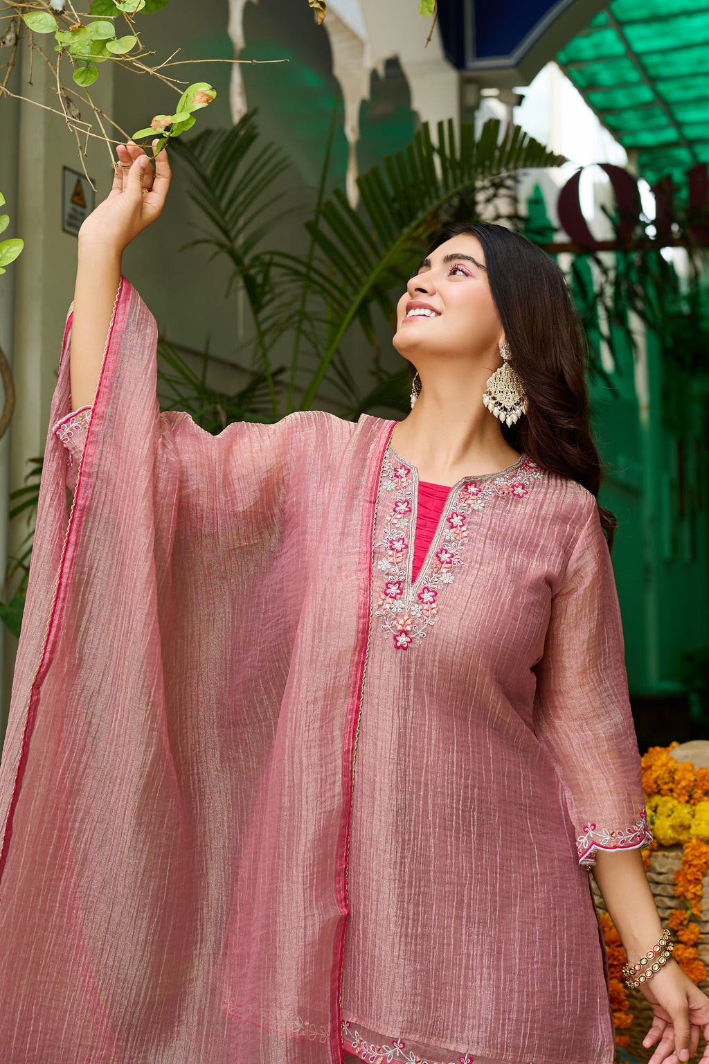 Blush Glow Salsa Crush Kurta Palazzo Set with Dupatta-IV-1122