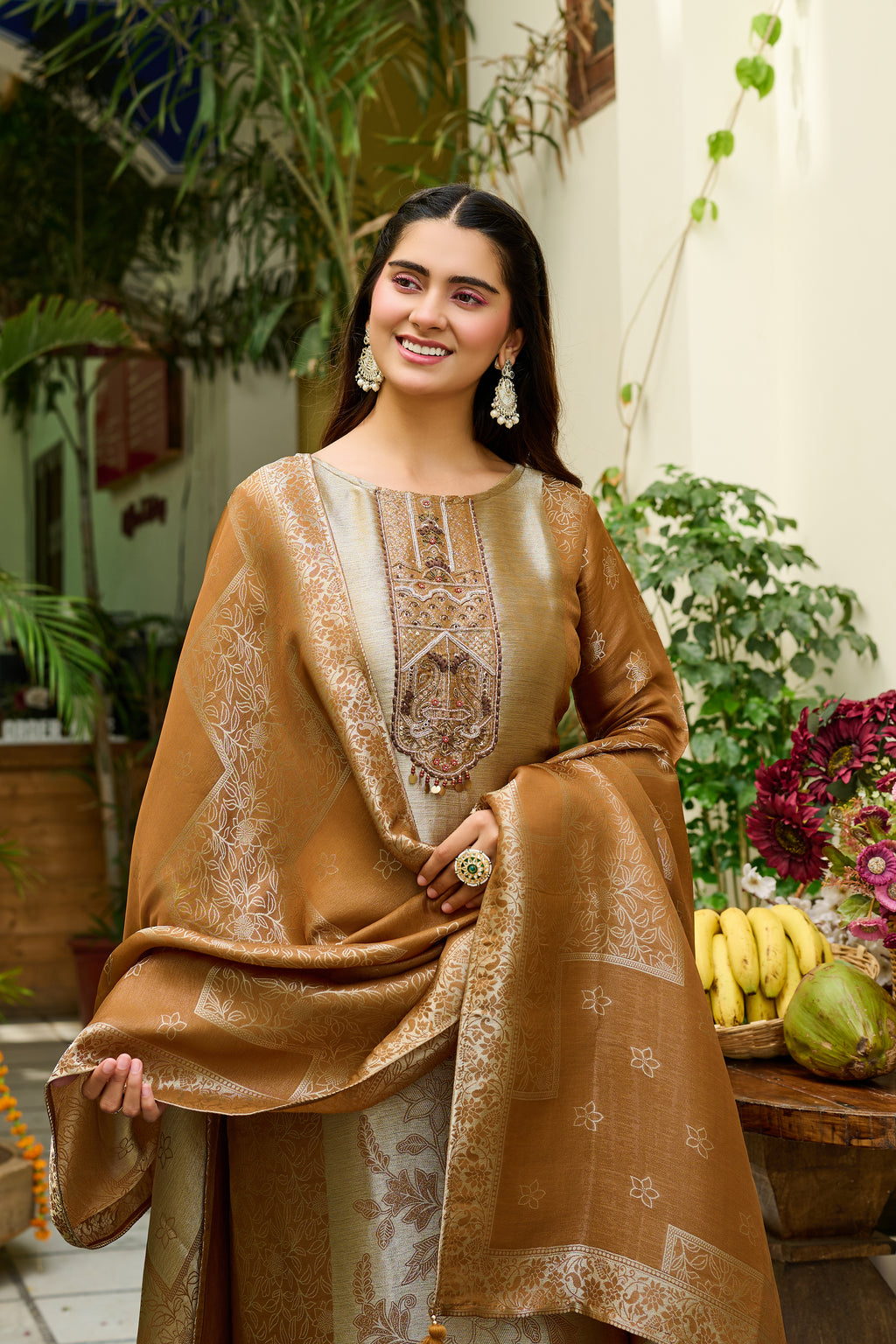 Golden Aura Embroidered Ethnic Kurta Set with Designer Dupatta-IV-1112
