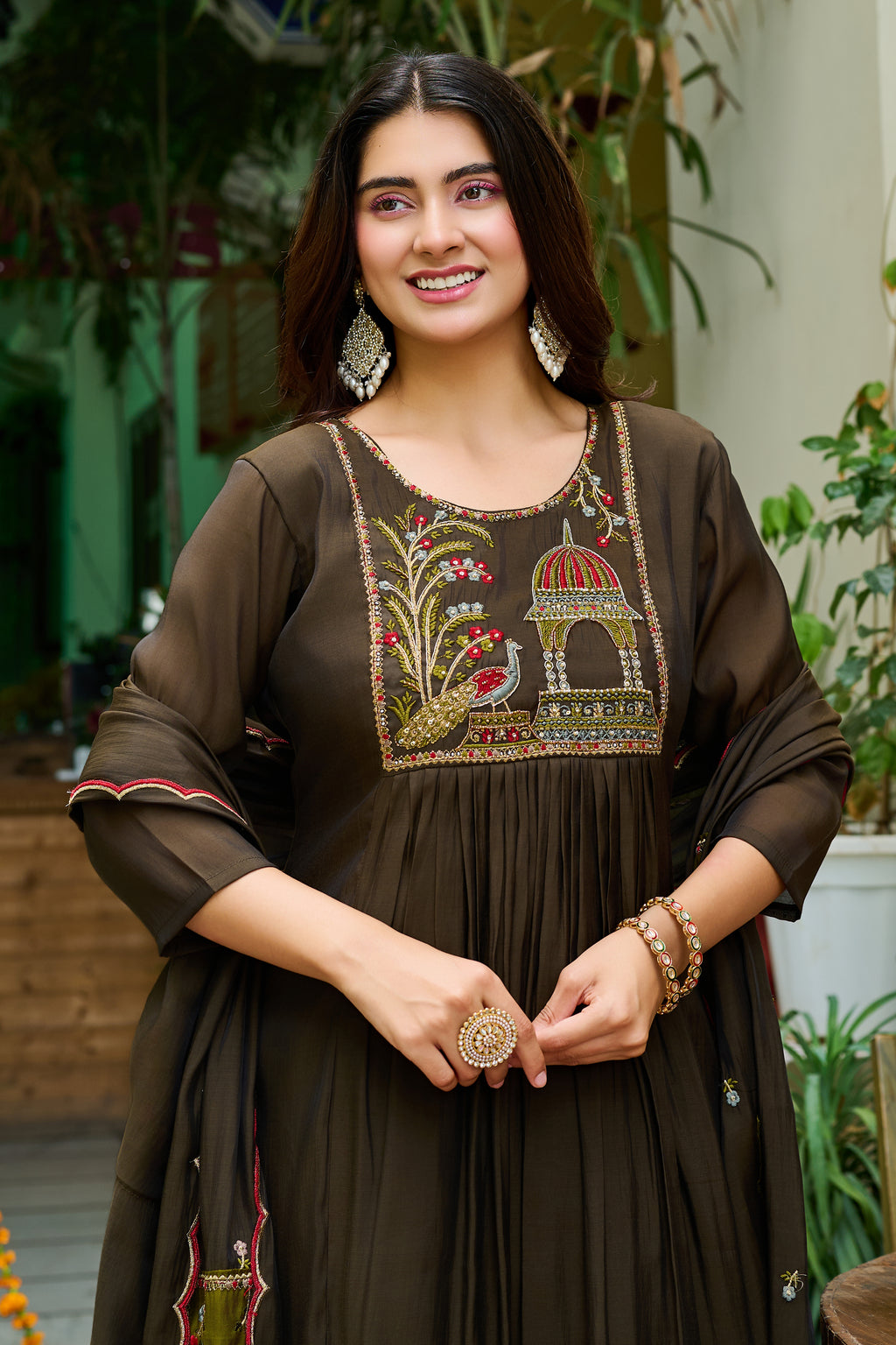 Women Ethnic Motifs Embroidered Empire Thread Work Chanderi Cotton Kurta with Trousers & With Dupatta-IV-1132