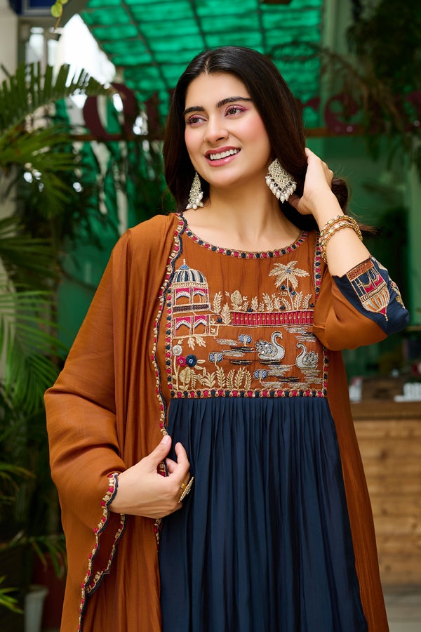 Women Ethnic Motifs Embroidered Empire Thread Work Chanderi Cotton Kurta with Trousers & With Dupatta-IV-1106