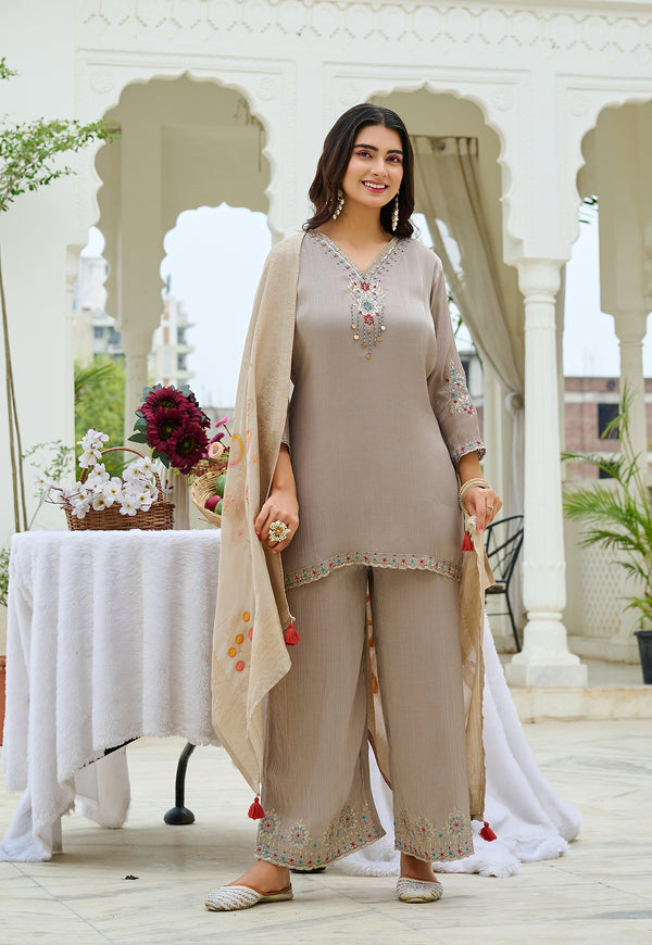Women  Chiffon Silk Kurta Palazzo Set with Muslin Jacquard Dupatta-IV-1116