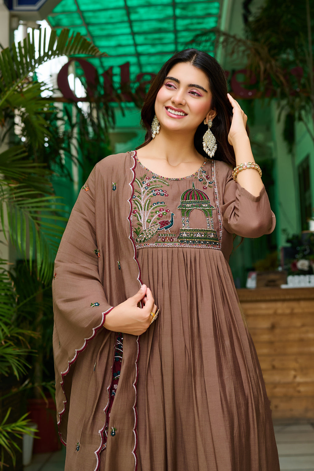 Women Ethnic Motifs Embroidered Empire Thread Work Chanderi Cotton Kurta with Trousers & With Dupatta-IV-1127