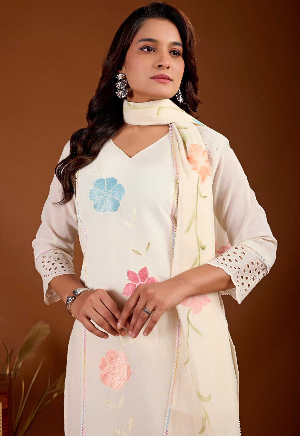 Women Floral Embroidered Regular Pure Cotton Kurta with Trousers & With Dupatta-KS-351