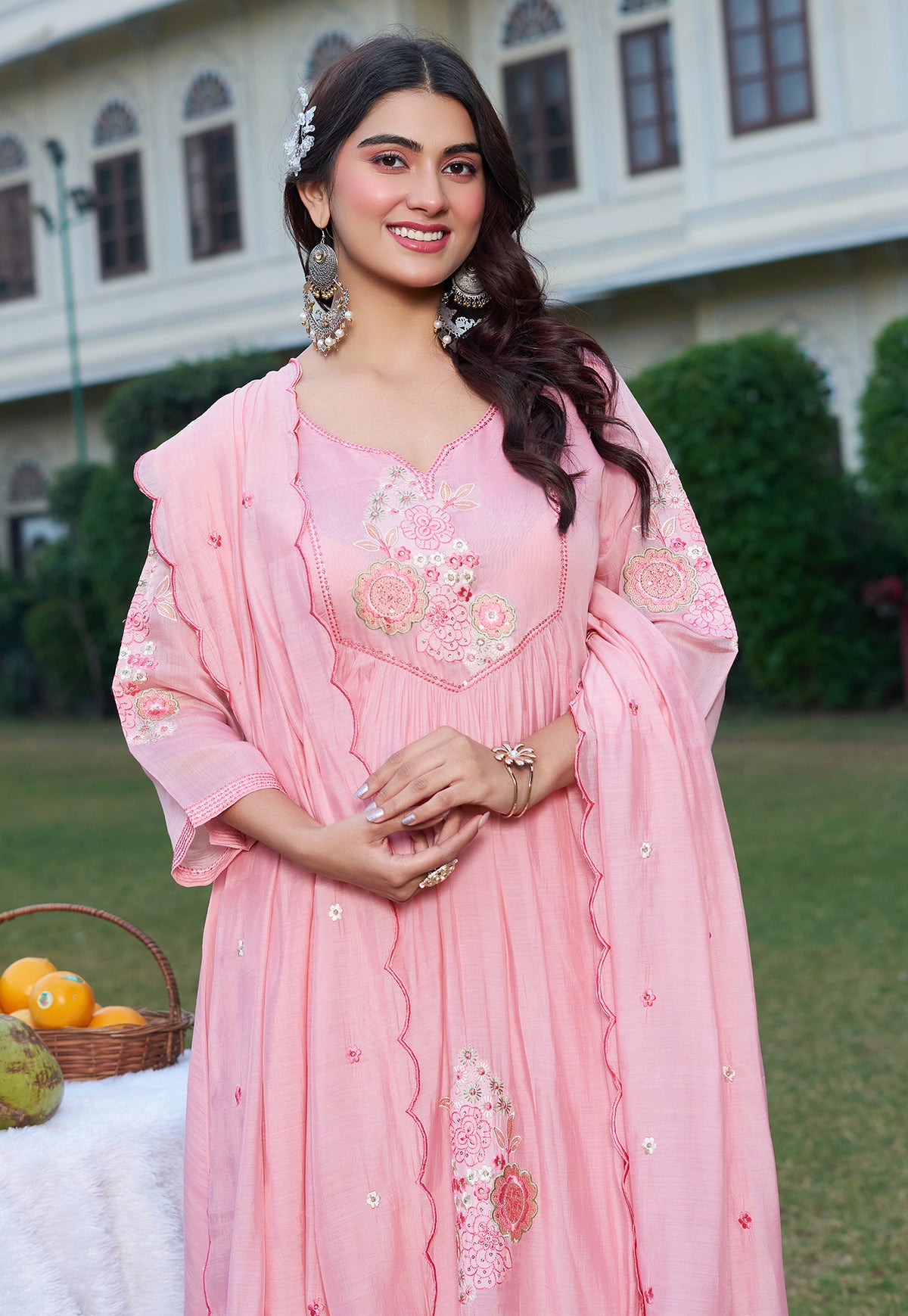 Women Ethnic Motifs Embroidered Empire Thread Work Chanderi Cotton Kurta with Palazzos & With Dupatta-IV-1012