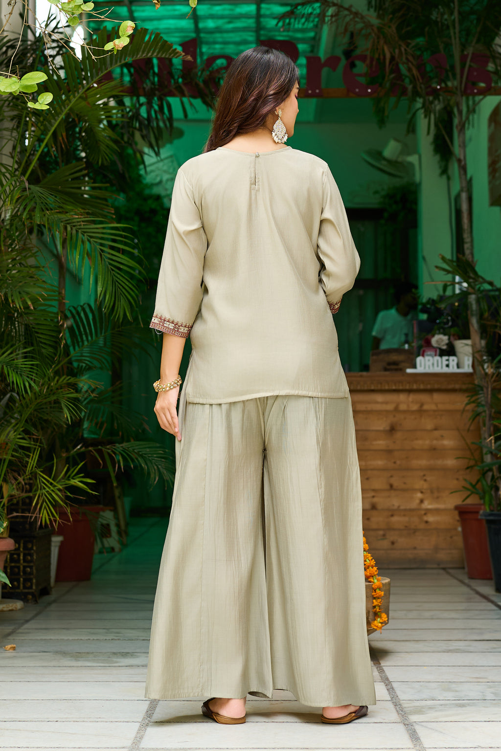 Elegant Roman Silk Palazzo Set with Mul Chanderi Dupatta-IV-1108