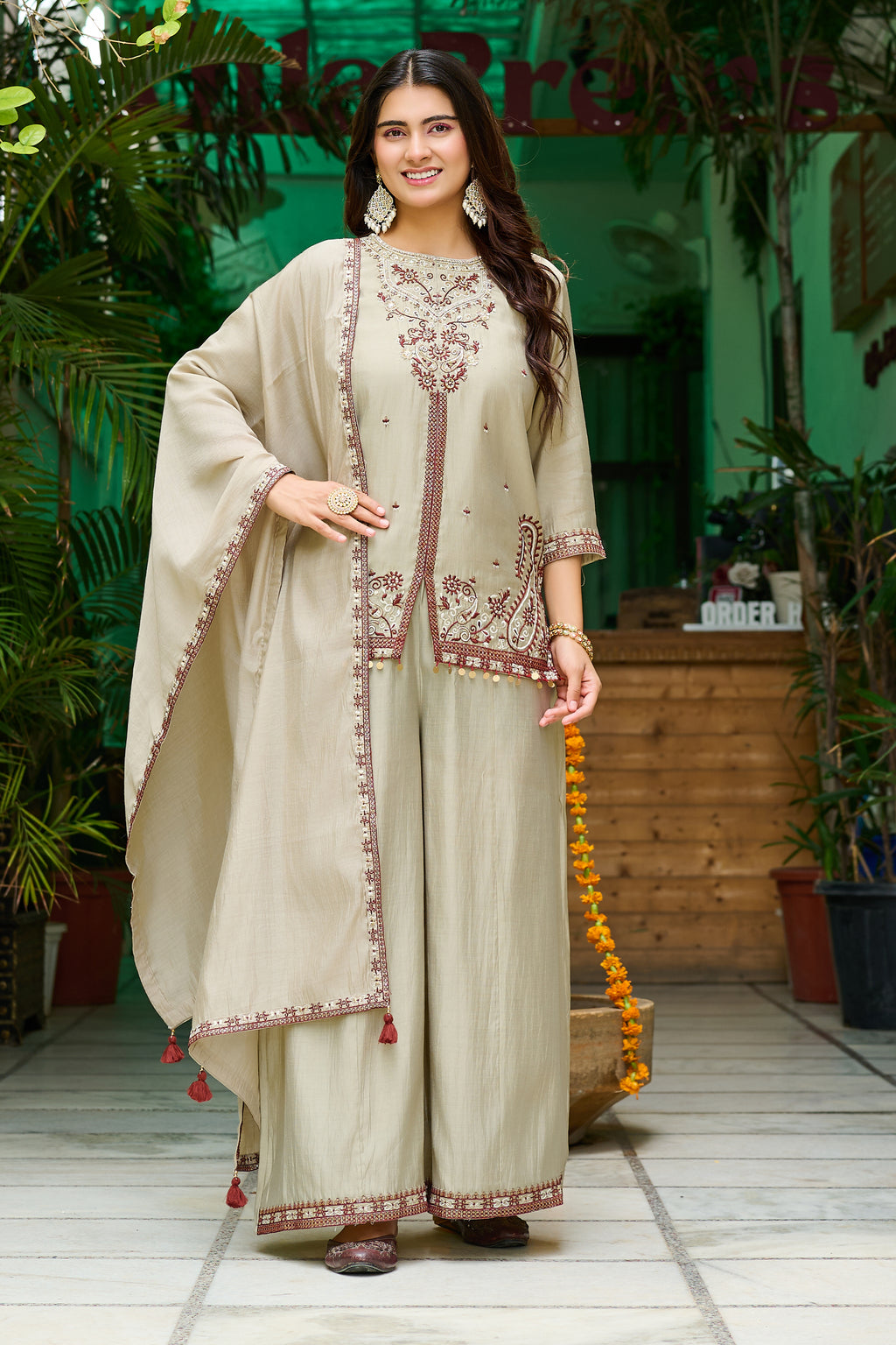 Elegant Roman Silk Palazzo Set with Mul Chanderi Dupatta-IV-1108
