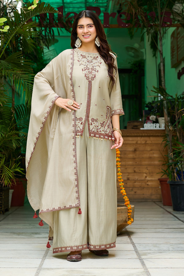 Elegant Roman Silk Palazzo Set with Mul Chanderi Dupatta-IV-1108