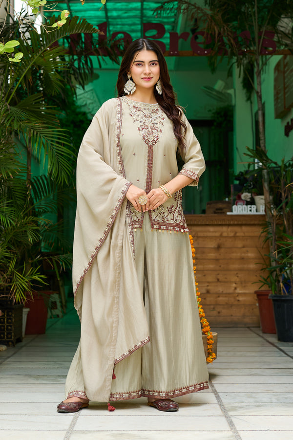 Elegant Roman Silk Palazzo Set with Mul Chanderi Dupatta-IV-1108