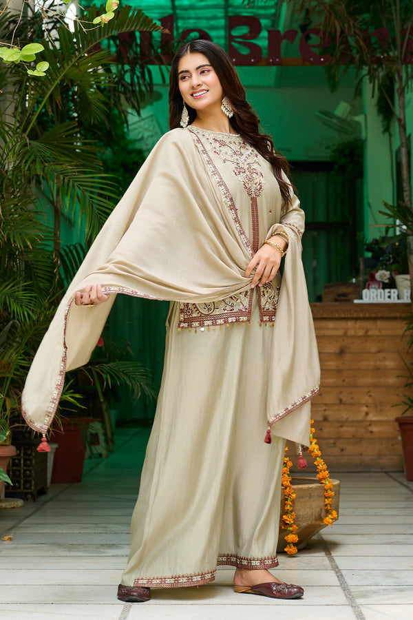 Elegant Roman Silk Palazzo Set with Mul Chanderi Dupatta-IV-1108