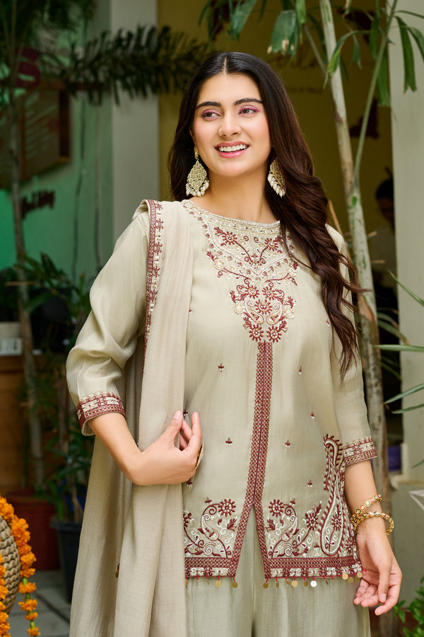 Elegant Roman Silk Palazzo Set with Mul Chanderi Dupatta-IV-1108