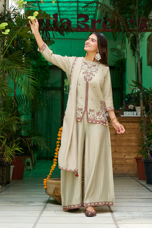 Elegant Roman Silk Palazzo Set with Mul Chanderi Dupatta-IV-1108