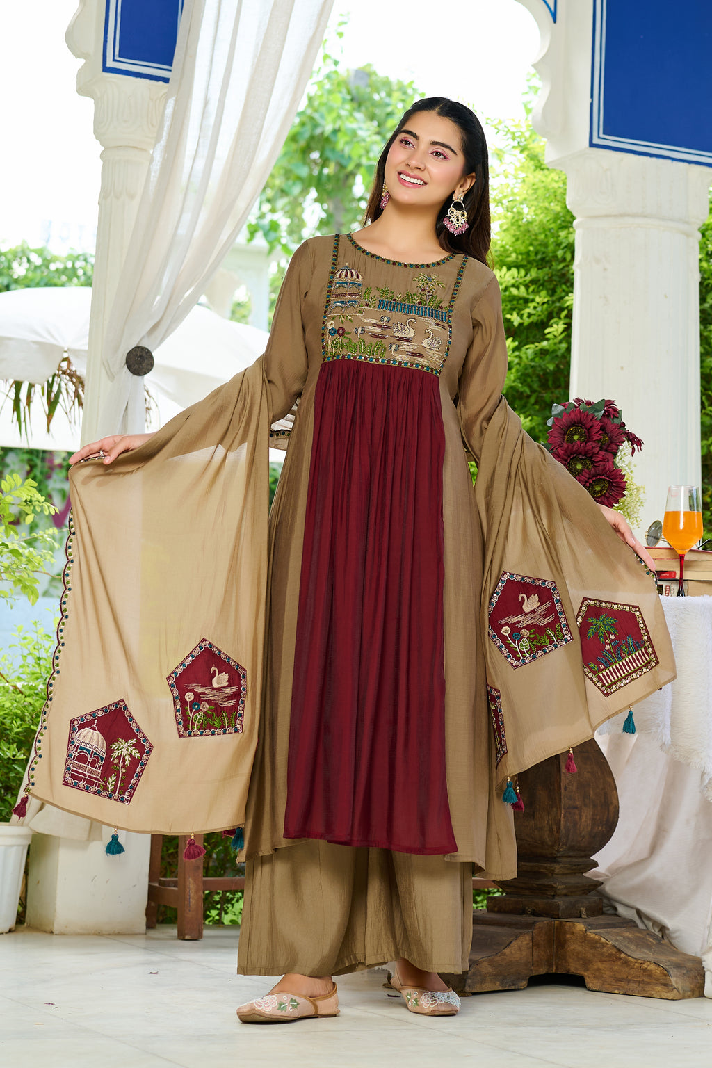Women Ethnic Motifs Embroidered Empire Thread Work Chanderi Cotton Kurta with Trousers & With Dupatta-IV-1105