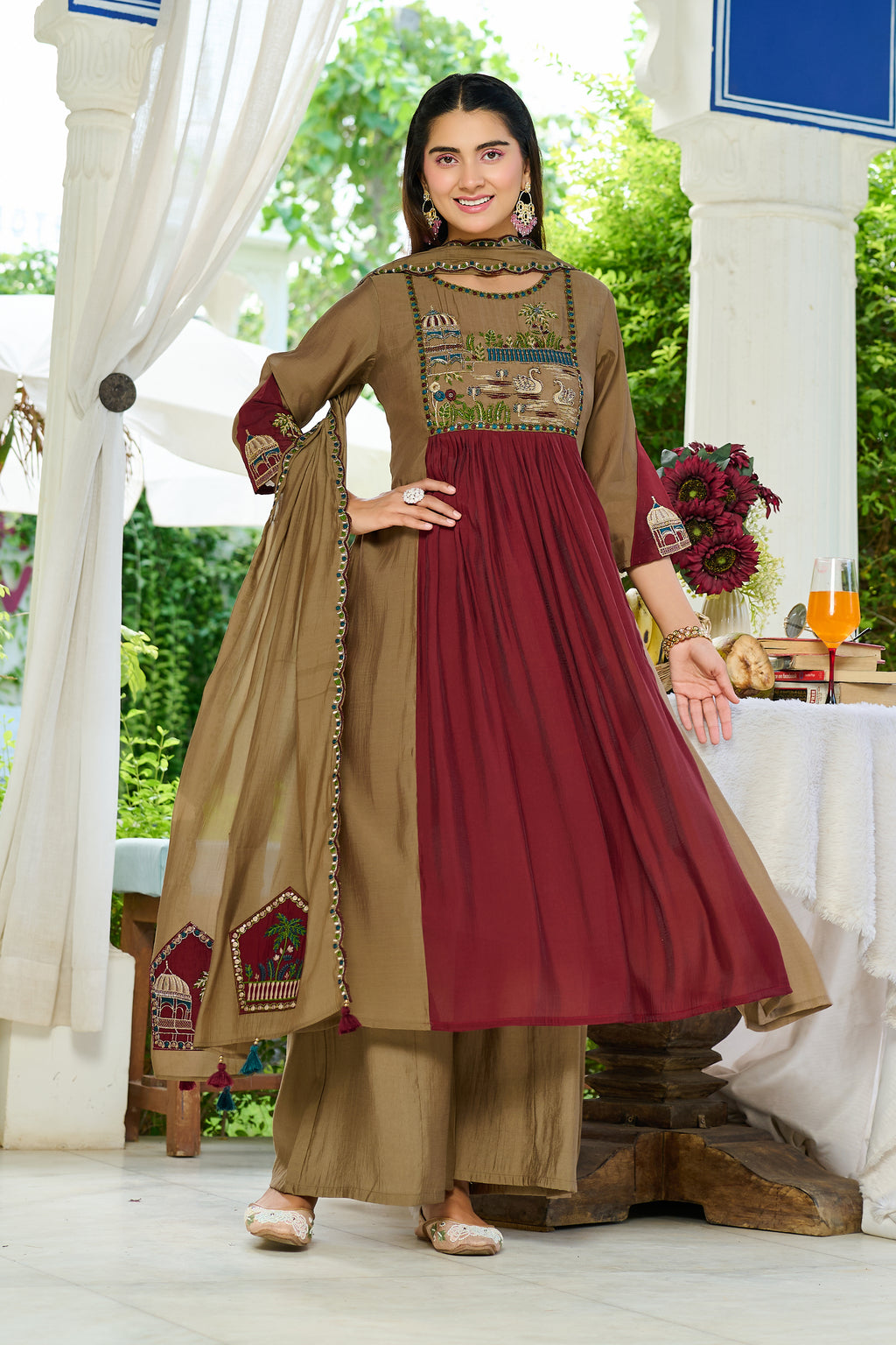 Women Ethnic Motifs Embroidered Empire Thread Work Chanderi Cotton Kurta with Trousers & With Dupatta-IV-1105