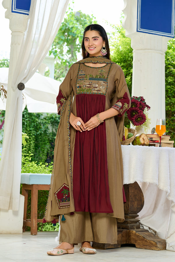 Women Ethnic Motifs Embroidered Empire Thread Work Chanderi Cotton Kurta with Trousers & With Dupatta-IV-1105
