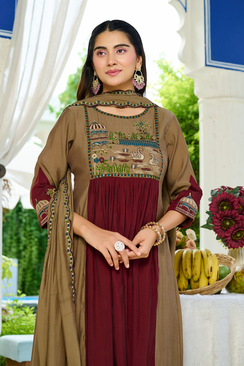 Women Ethnic Motifs Embroidered Empire Thread Work Chanderi Cotton Kurta with Trousers & With Dupatta-IV-1105
